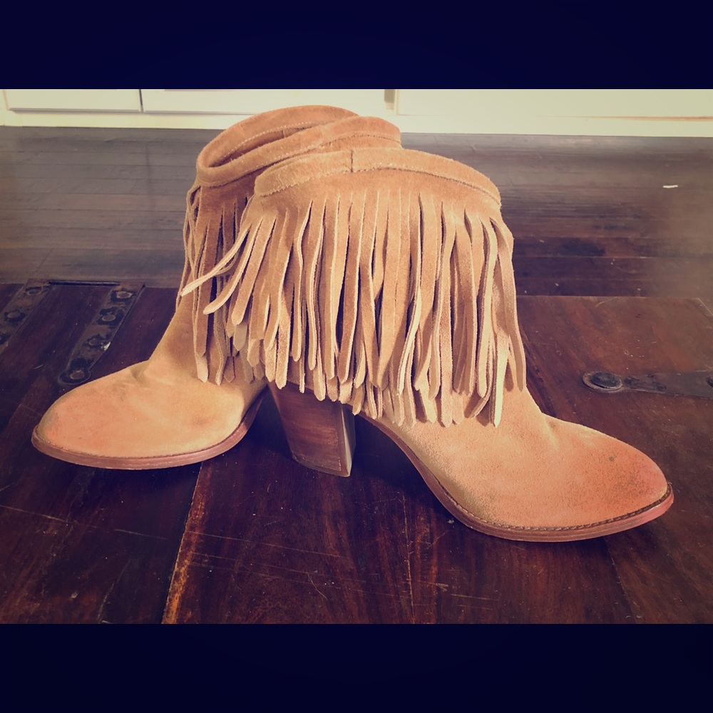 Frye Fringe Suede Round Toe Ankle Boots